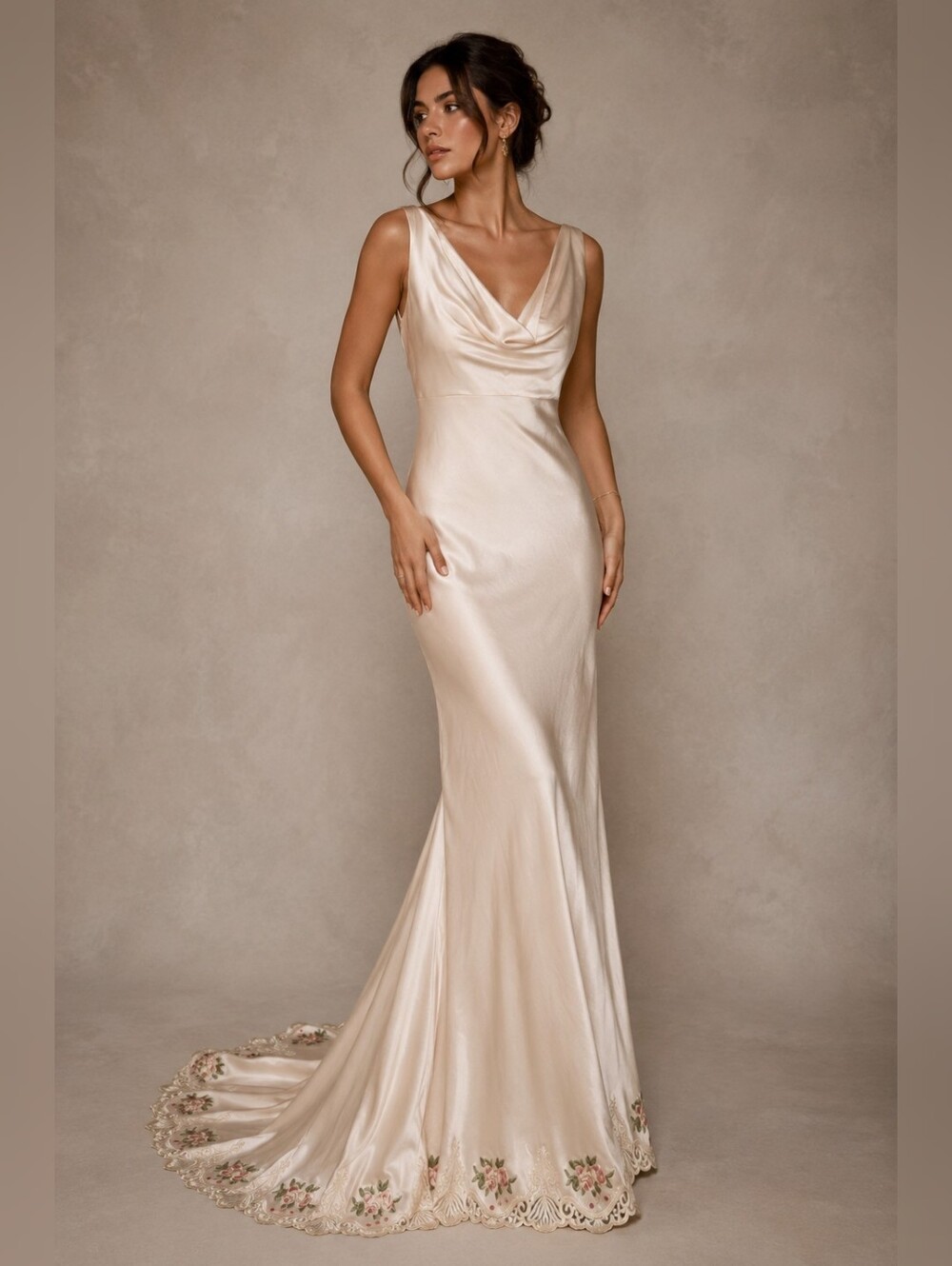 Vintage Champagne Satin Bridal Gown with Scalloped Lace Train | Formal Gown